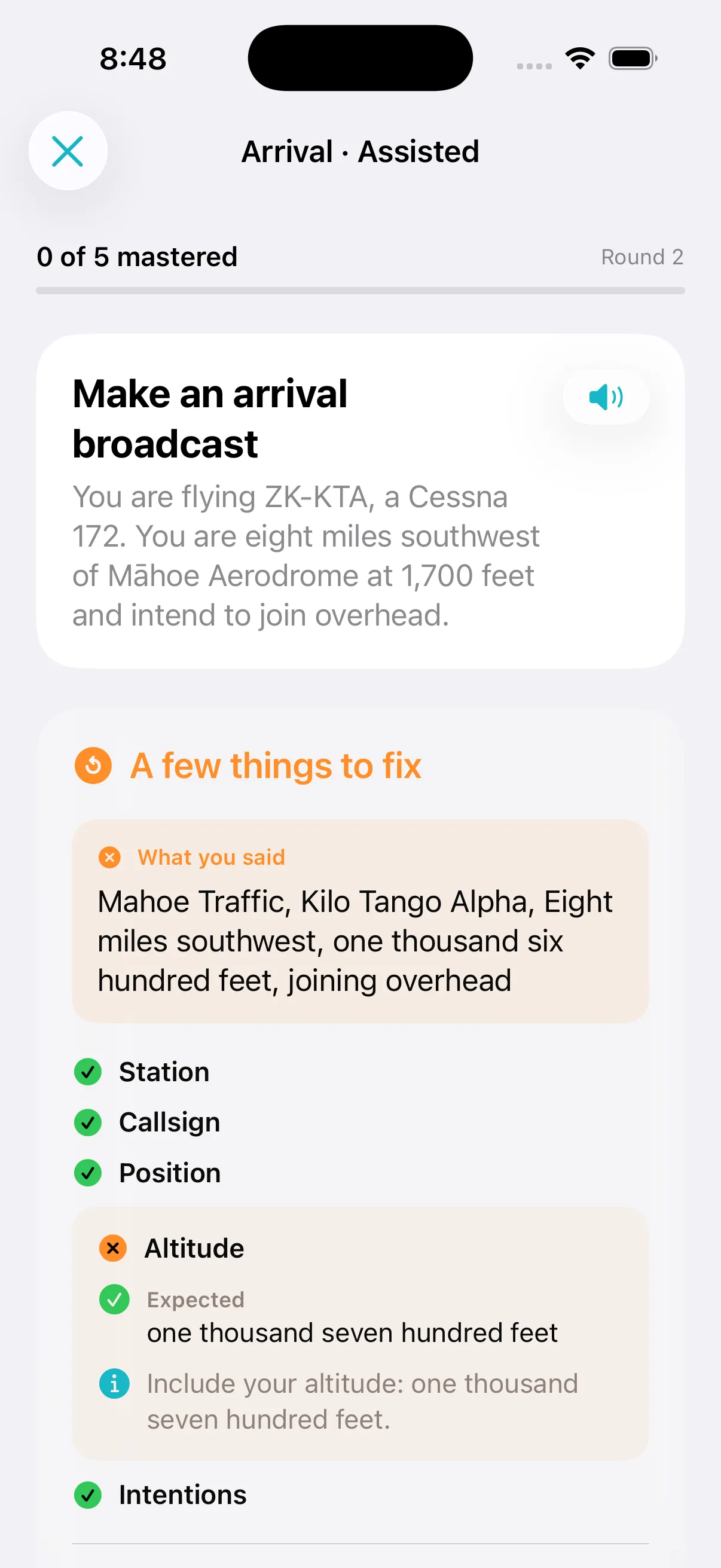 Readback feedback showing correct call elements and an altitude to fix.