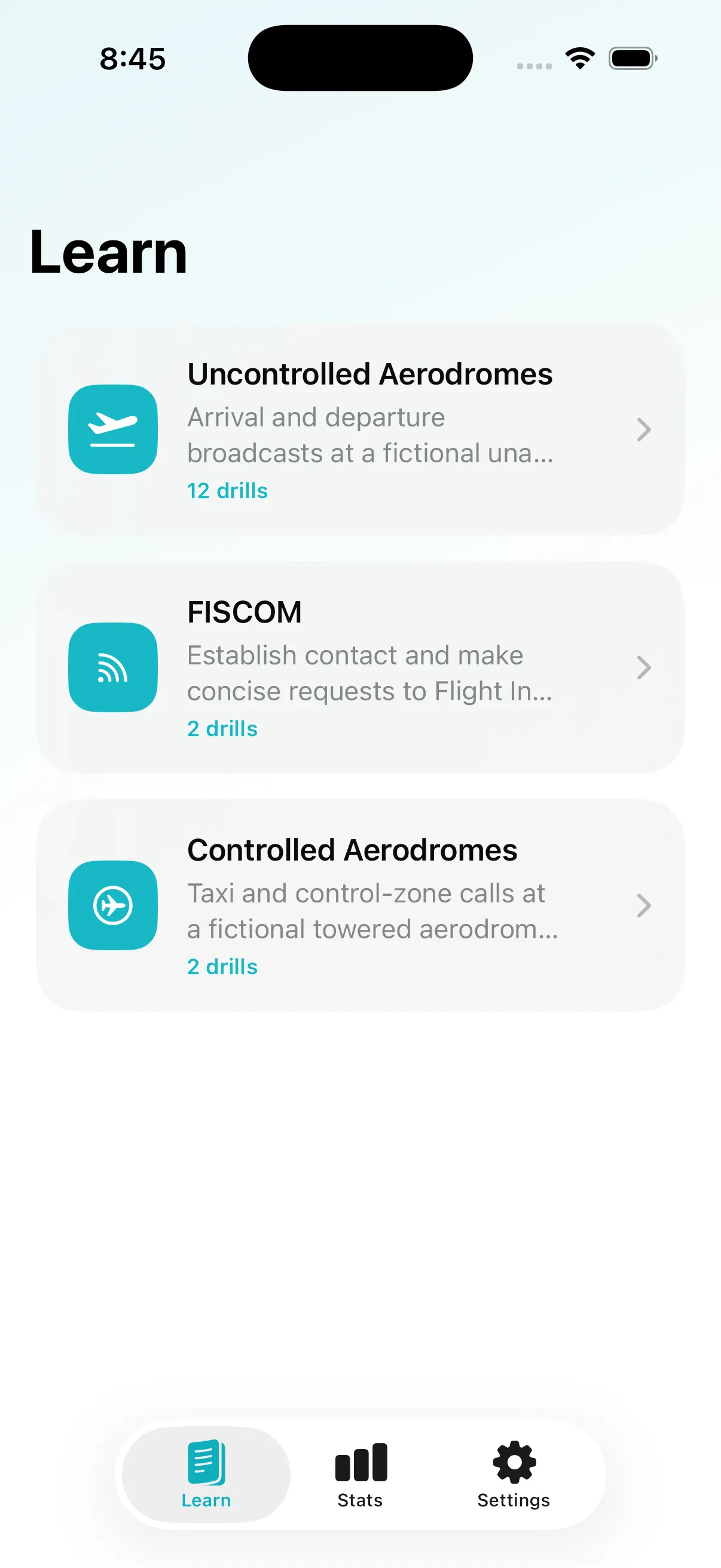 The Readback Learn screen showing three radio practice sections.