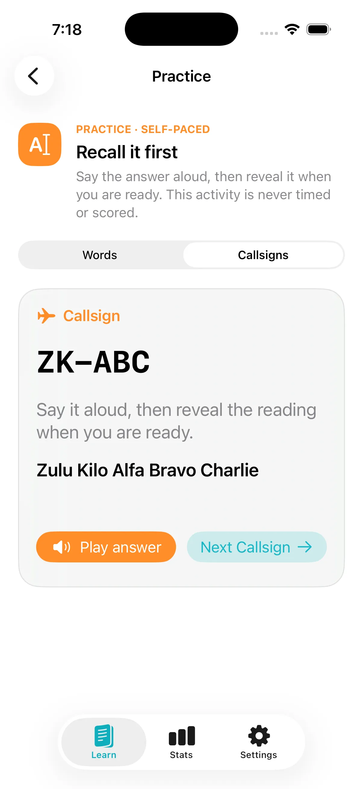 A Readback phonetics practice screen with a callsign to practice.