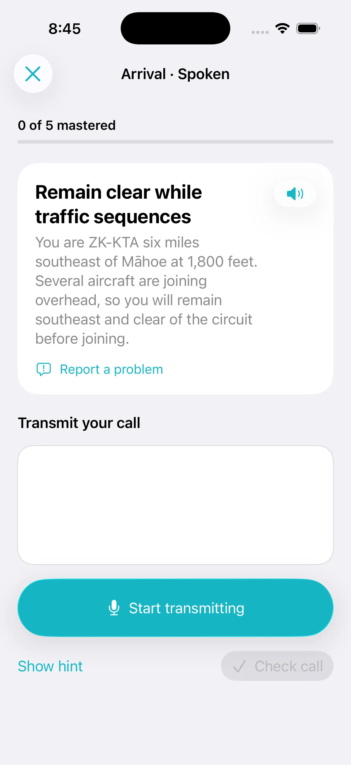 A Readback spoken practice screen with a radio-call situation and a Start transmitting button.