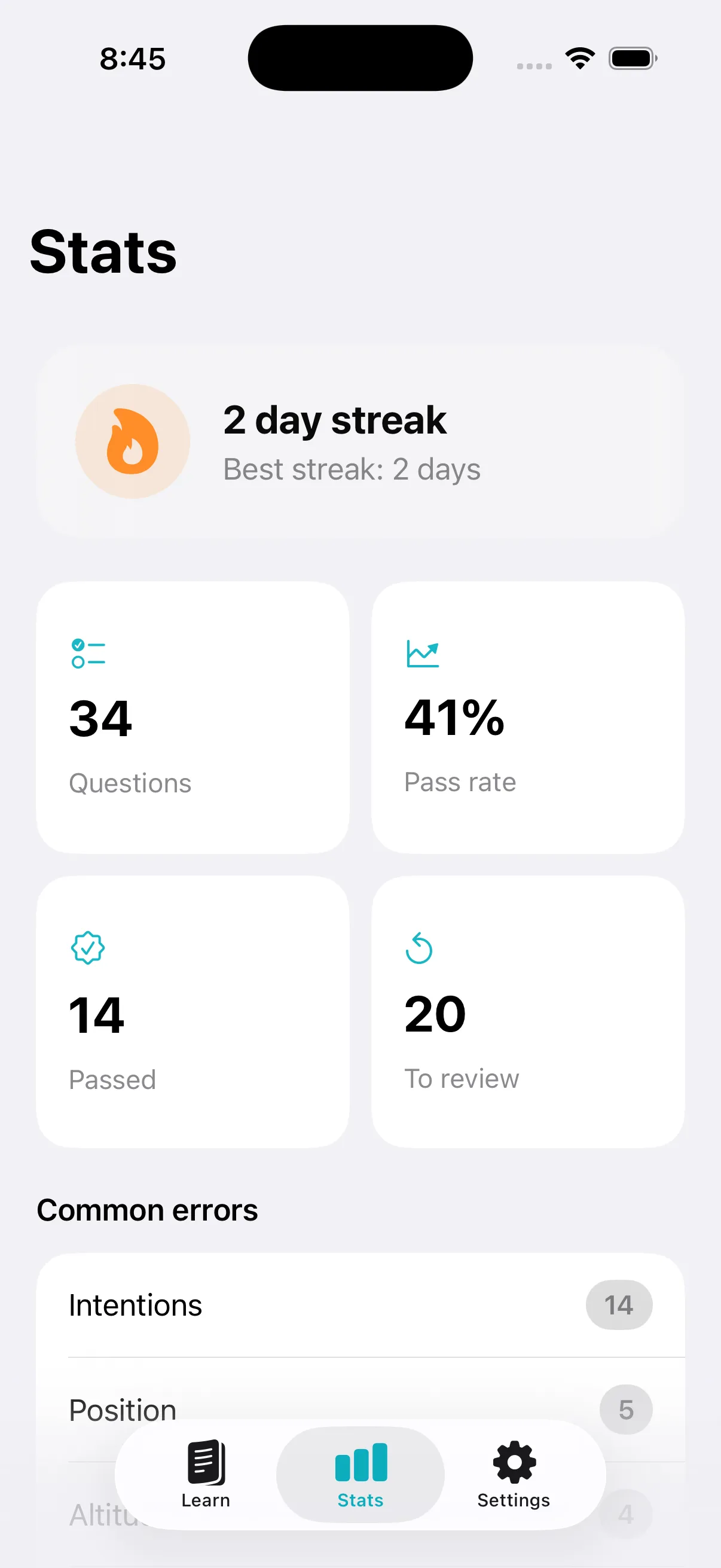 The Readback Stats screen showing practice streak, pass rate, and common errors.